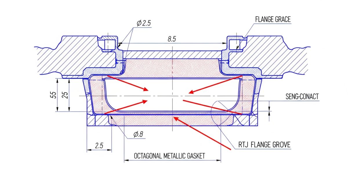 Engineering diagram showing RTJ Flange groove dimensions and octagonal ring gasket seating positions