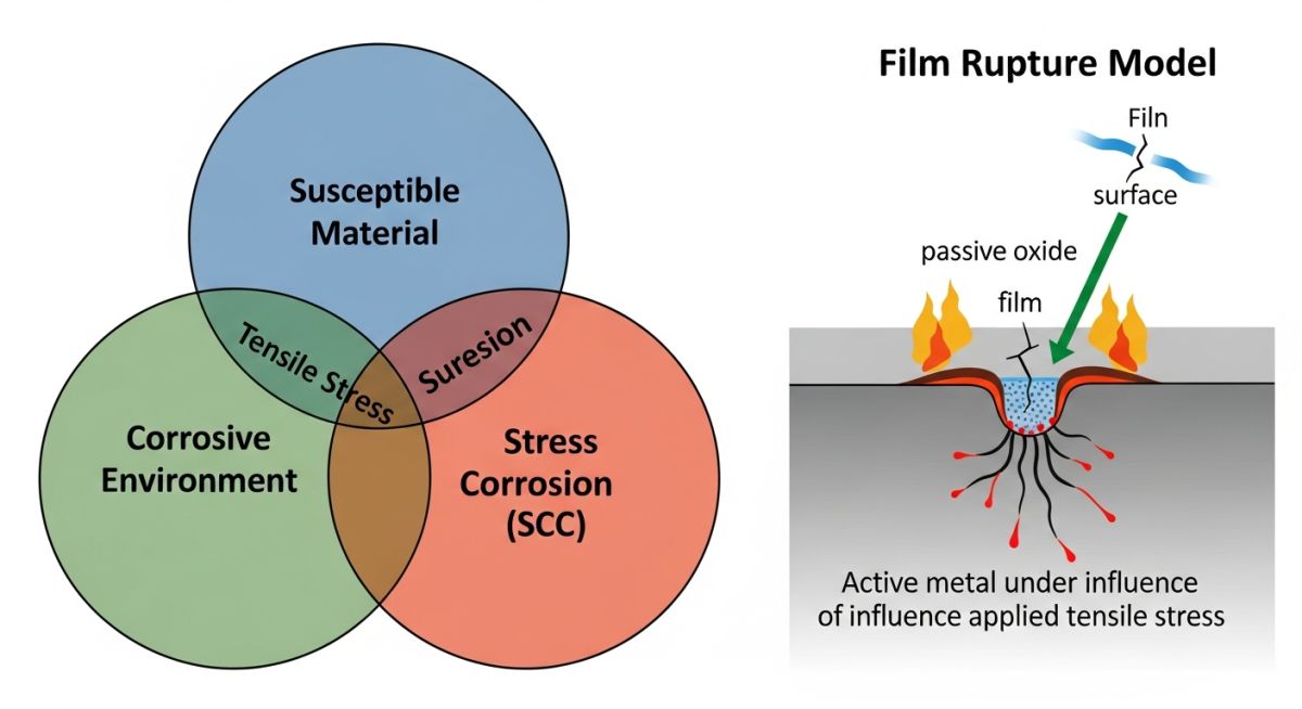 Technical diagram explaining the Stress Corrosion Cracking (SCC) mechanism and causal factors
