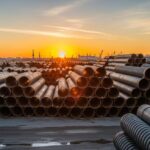 Industrial stockpile of large diameter Spiral Welded Pipes for water transmission projects.