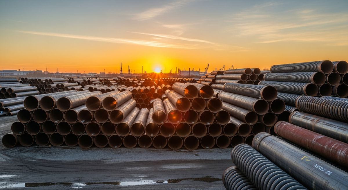 Industrial stockpile of large diameter Spiral Welded Pipes for water transmission projects.