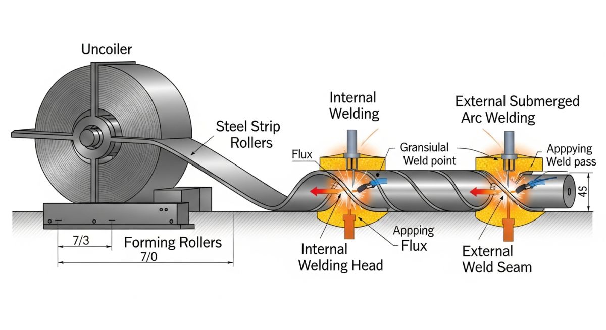 Technical diagram of the SSAW manufacturing process for Spiral Welded Pipes