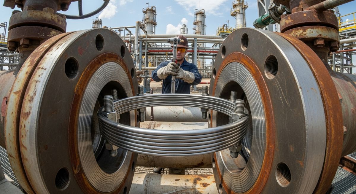 Industrial Spiral Wound Gasket installation on high-pressure piping flanges.