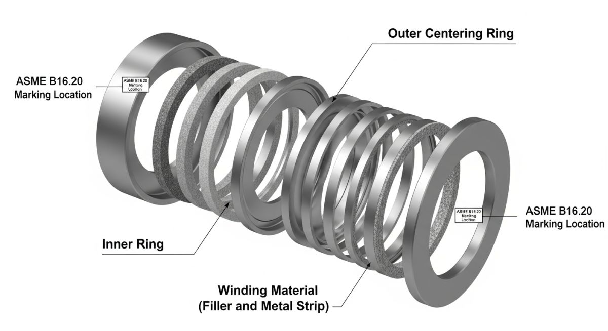 Technical diagram showing Spiral Wound Gasket components and construction layers