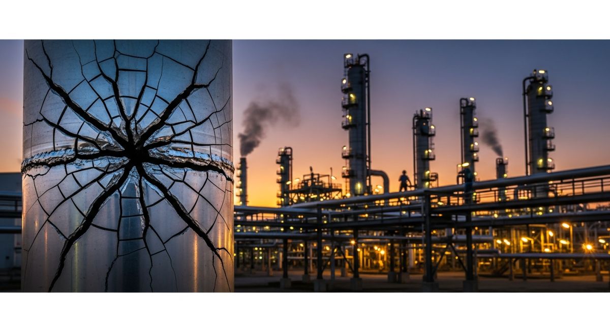 Macro view of Stress Corrosion Cracking (SCC) in industrial stainless steel piping.