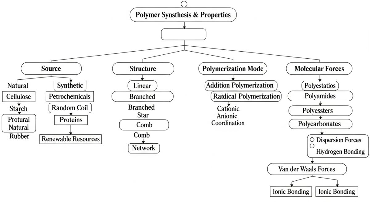 Technical classification chart showing different Types of Polymers and their sub-categories