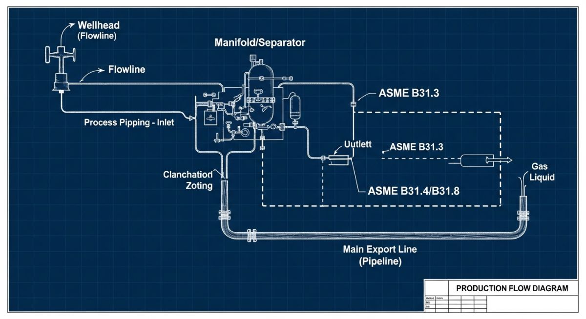Engineering diagram comparing Flowlines vs Pipelines design boundaries and standards