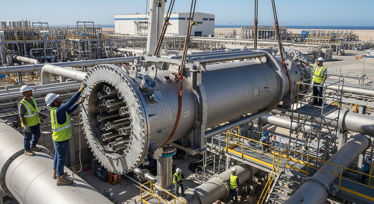 Industrial heat exchanger using corrosion-resistant Titanium Alloys in a chemical processing plant