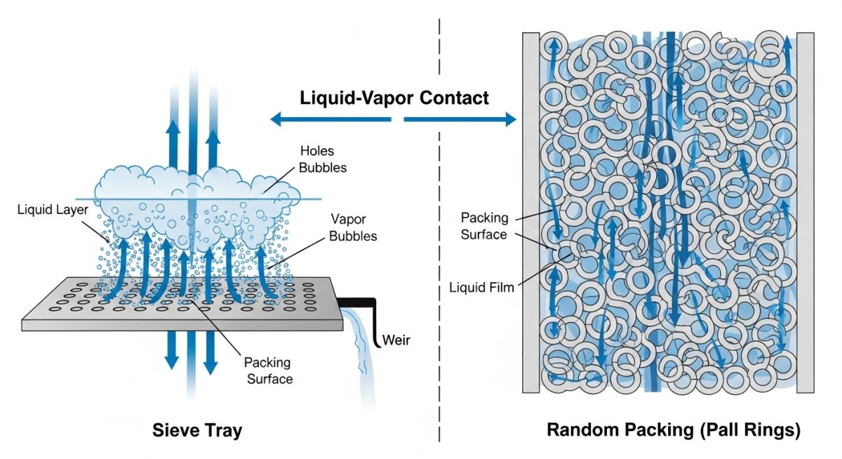 Engineering schematic of mass transfer internals for Plate Tower vs Packed Tower