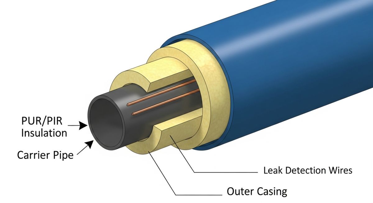 Cross-section diagram of pre-insulated Underground Piping Insulation layers and components