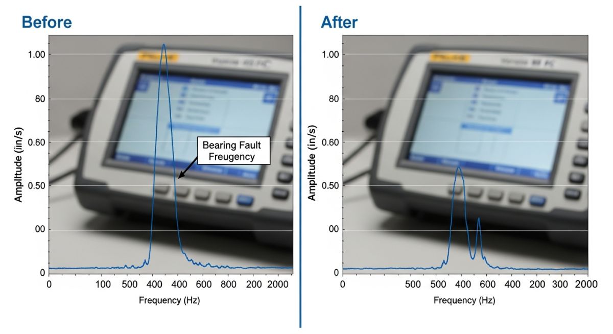 Comparison chart of vibration velocity levels before and after machine balancing using a Vibration Analyzer