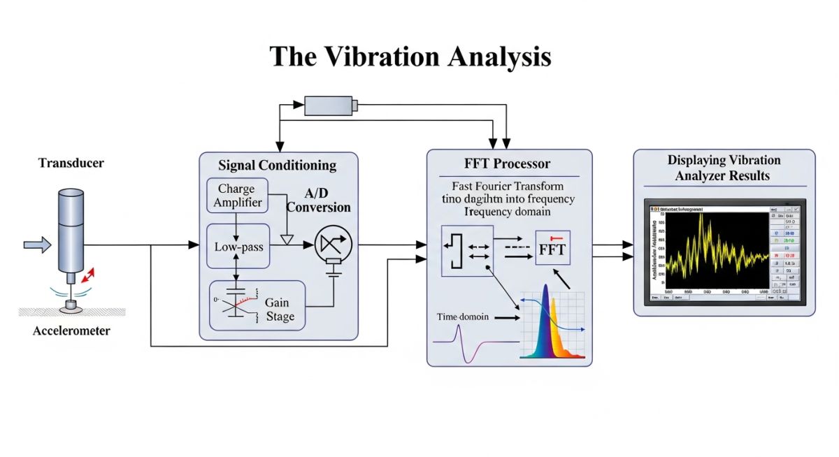 Technical diagram showing the internal signal processing components of a Vibration Analyzer