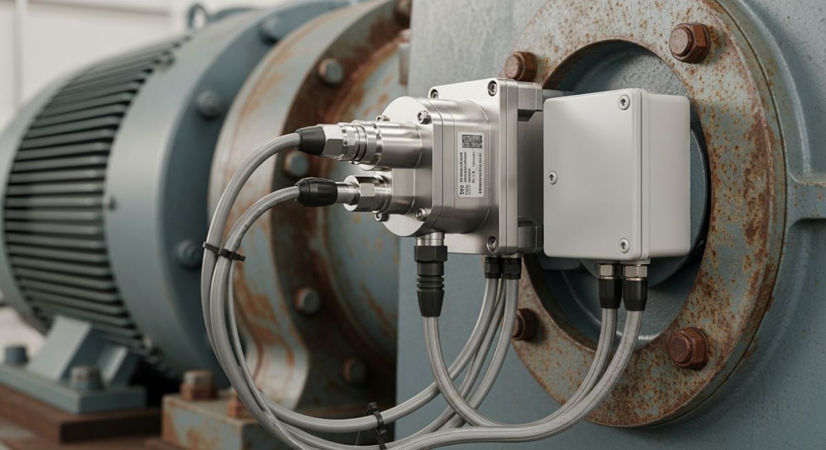 Industrial Vibration Sensor mounted on a high-speed motor for condition monitoring 2026.