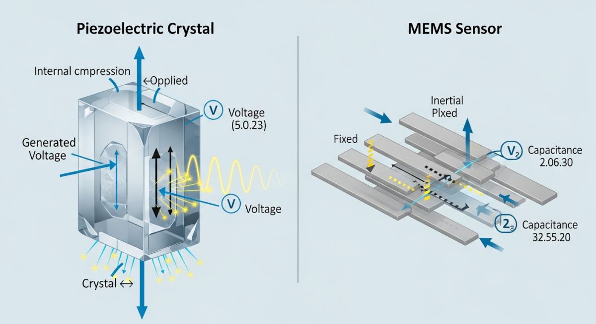 Technical diagram showing the working principle of a piezoelectric Vibration Sensor vs MEMS technology