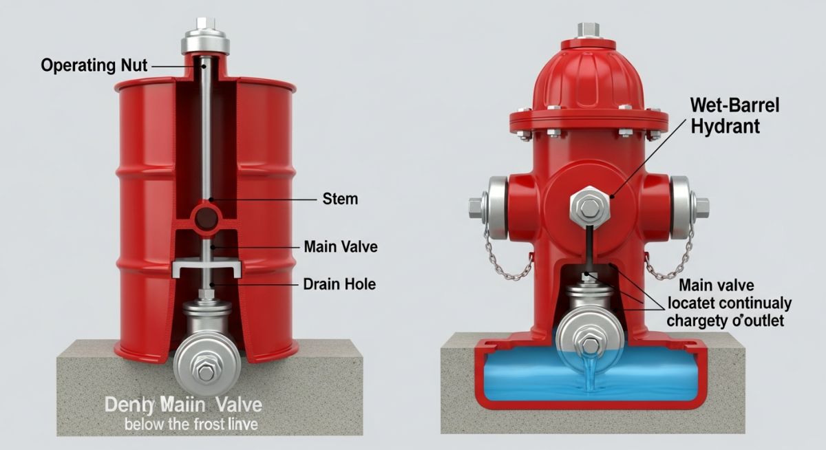 Technical cross-section diagram of wet barrel and dry barrel Fire Hydrant System Design components