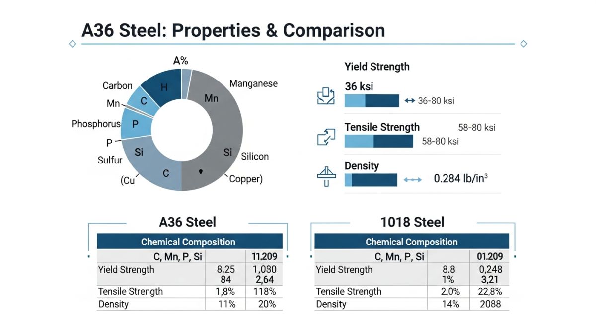 A36 steel properties and composition infographic with mechanical data