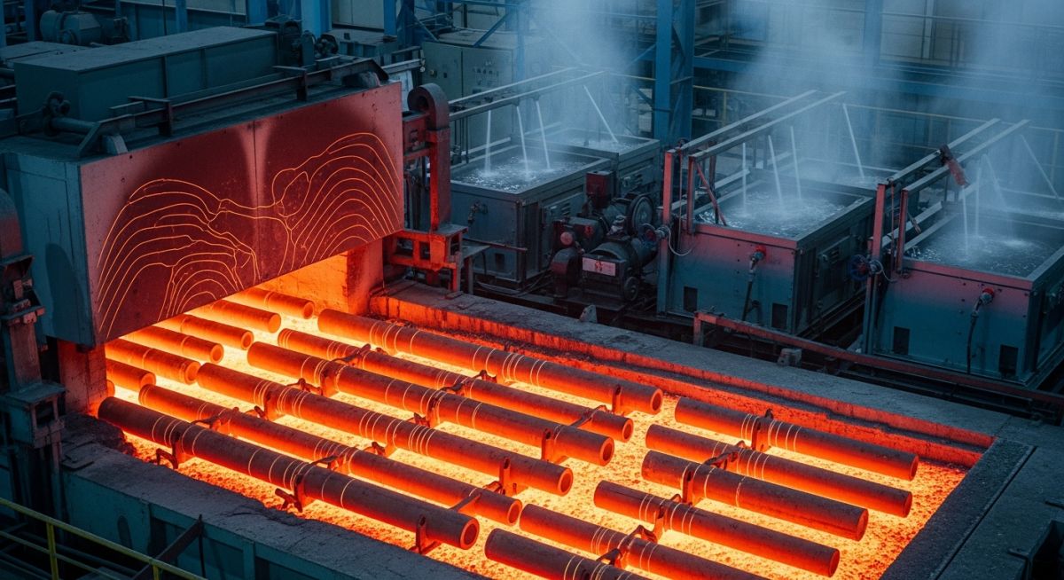 Annealing steel process in furnace showing heat treatment and controlled cooling of metal
