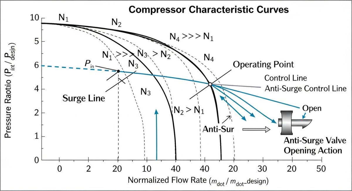 Anti-surge valve working diagram showing surge line and control action
