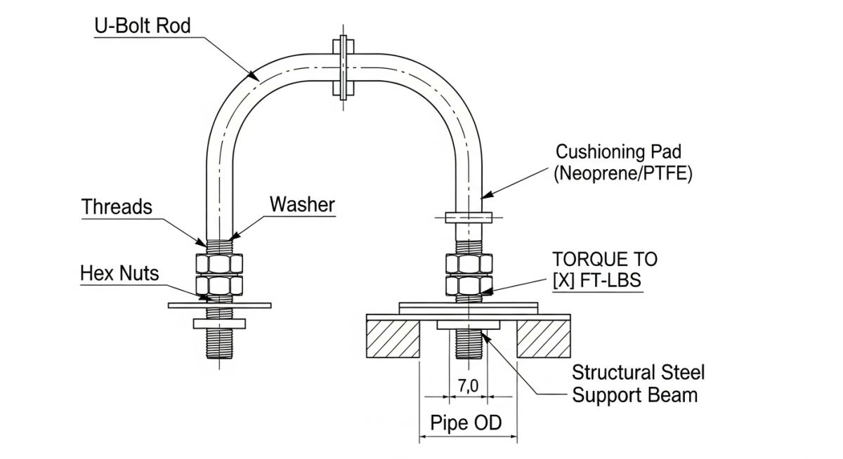 ASME B31.3 compliant technical dimensions and components blueprint for a U-bolt pipe support