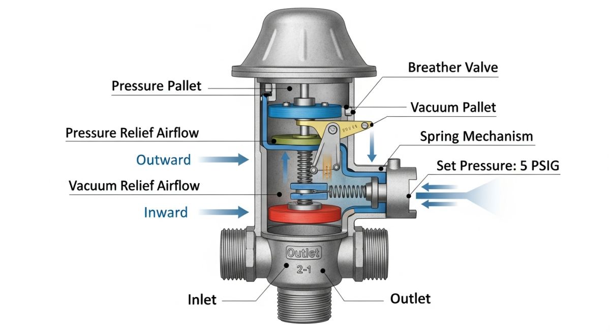 Working principle of breather valve showing pressure vacuum pallets diagram