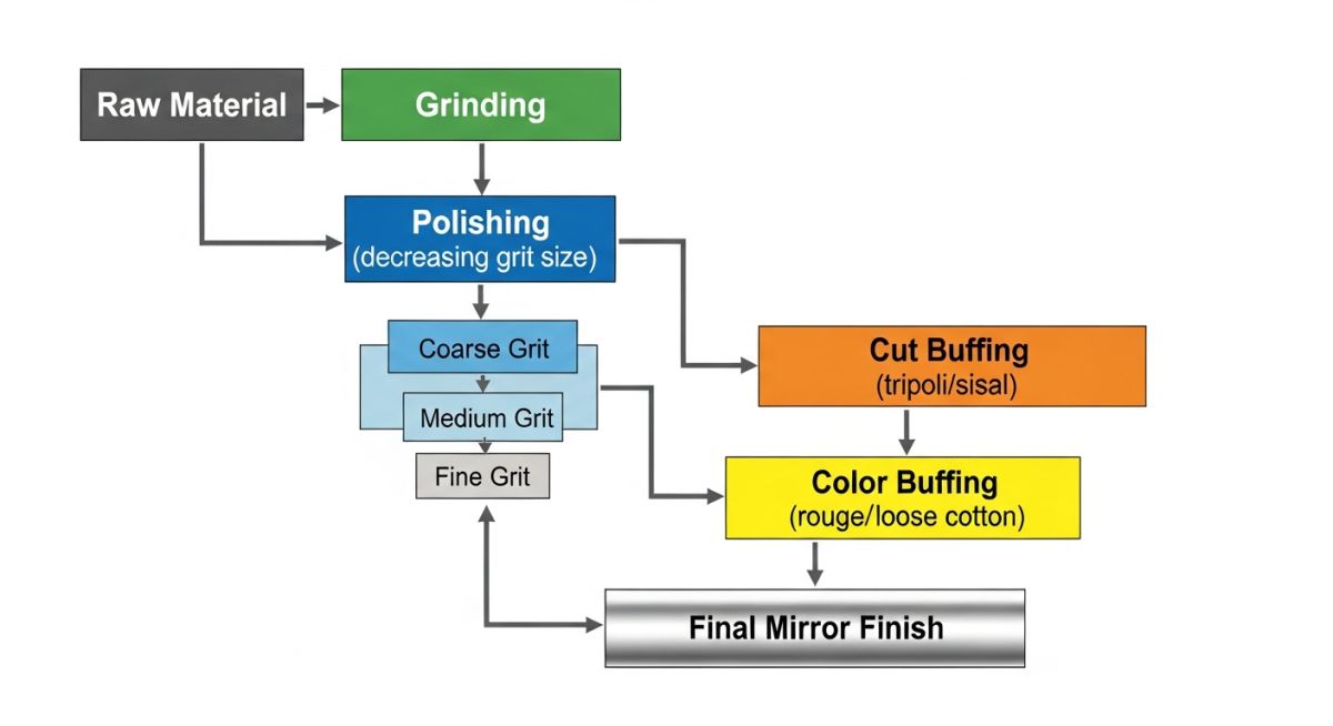 Step-by-step flowchart showing the difference between polishing grits and buffing compounds