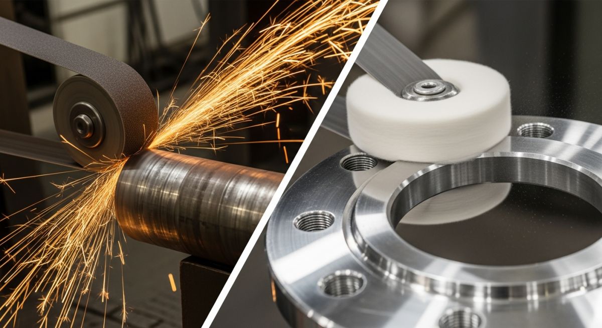 Side-by-side comparison of abrasive metal polishing versus soft wheel buffing on industrial piping.