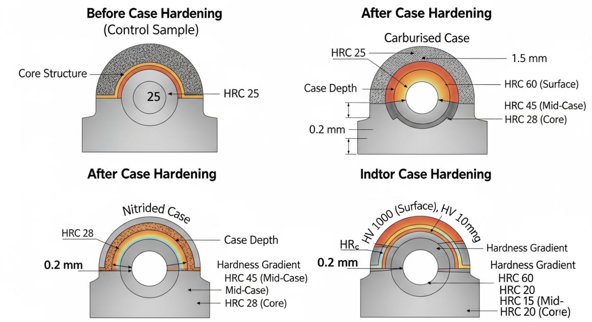 case hardening of steel diagram showing carburizing nitriding and surface hardening