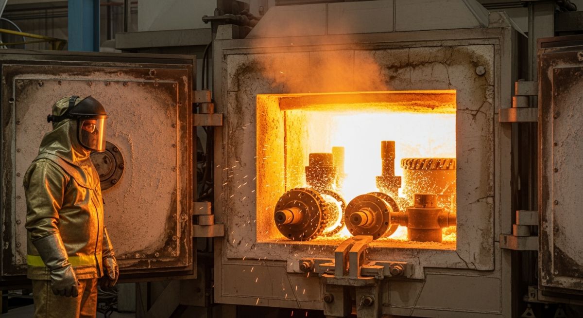 Case hardening of steel process in industrial furnace heat treatment