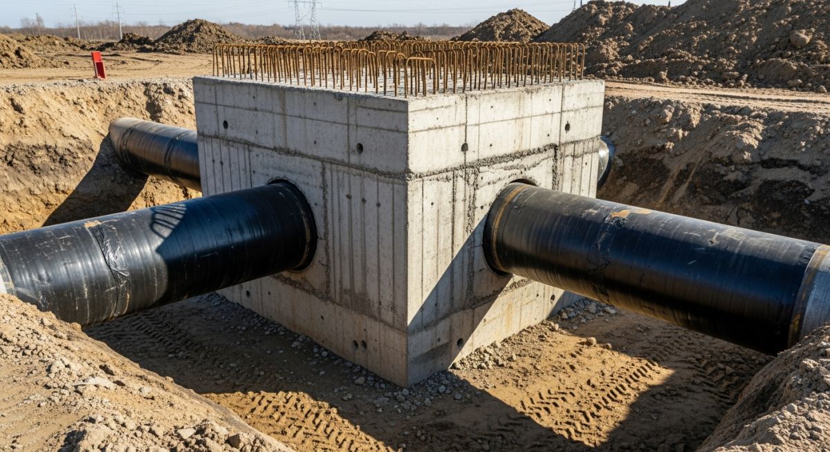 Concrete thrust block acting as a pipe anchor on a high-pressure water pipeline bend