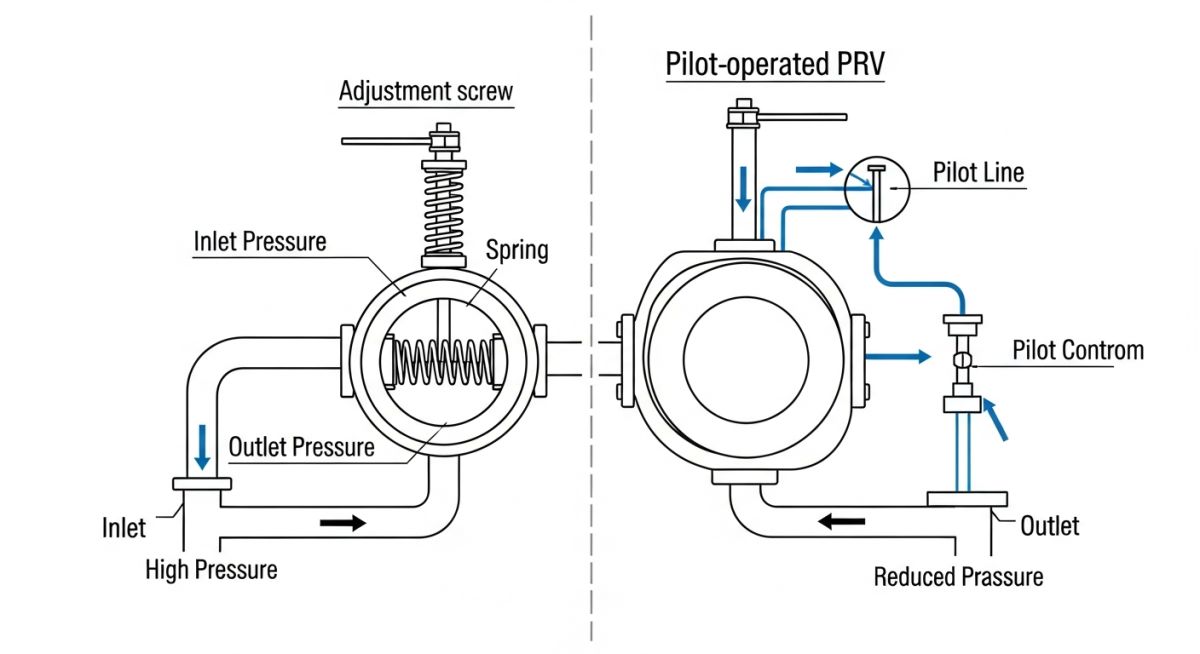 Pressure reducing valve infographic showing working principle direct acting type pilot operated type applications and difference from pressure relief valve