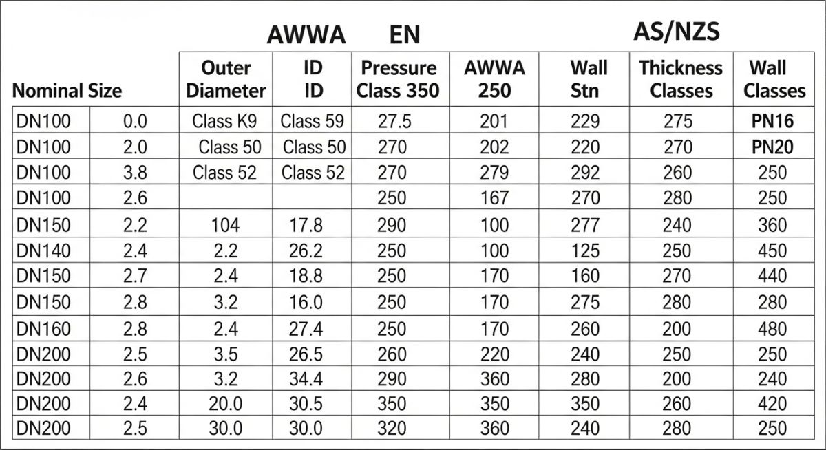 comparison of ductile iron pipe dimensions across standards awwa en iso