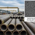 Ductile iron pipes and microstructure showing spheroidal graphite formation