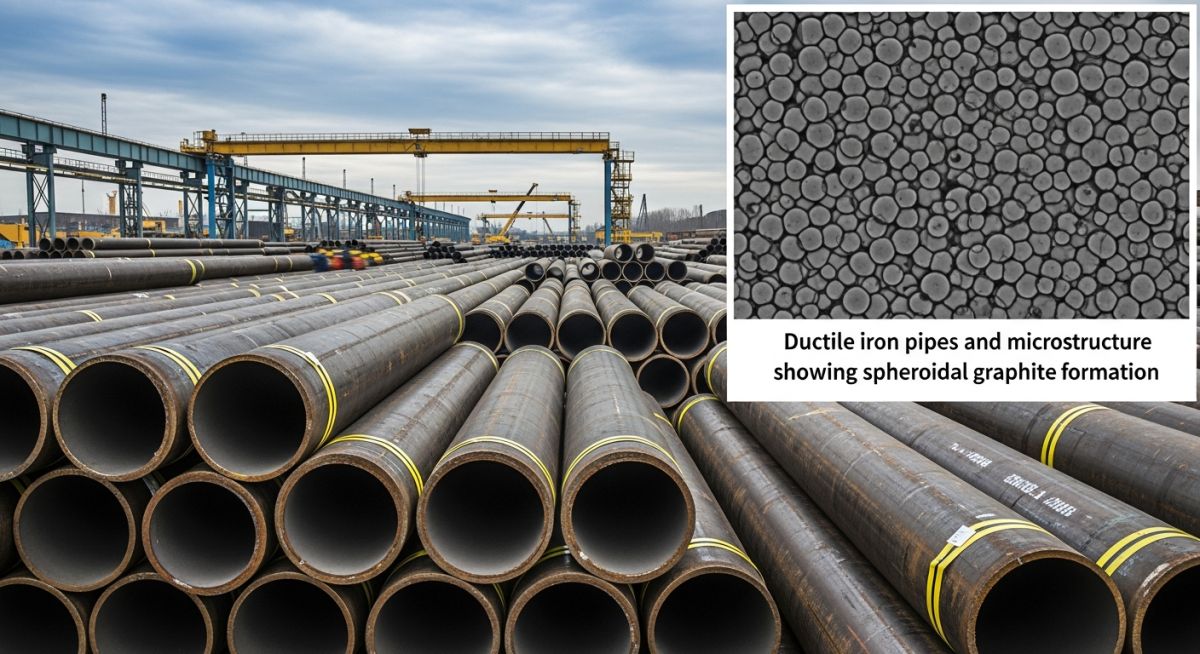 Ductile iron pipes and microstructure showing spheroidal graphite formation