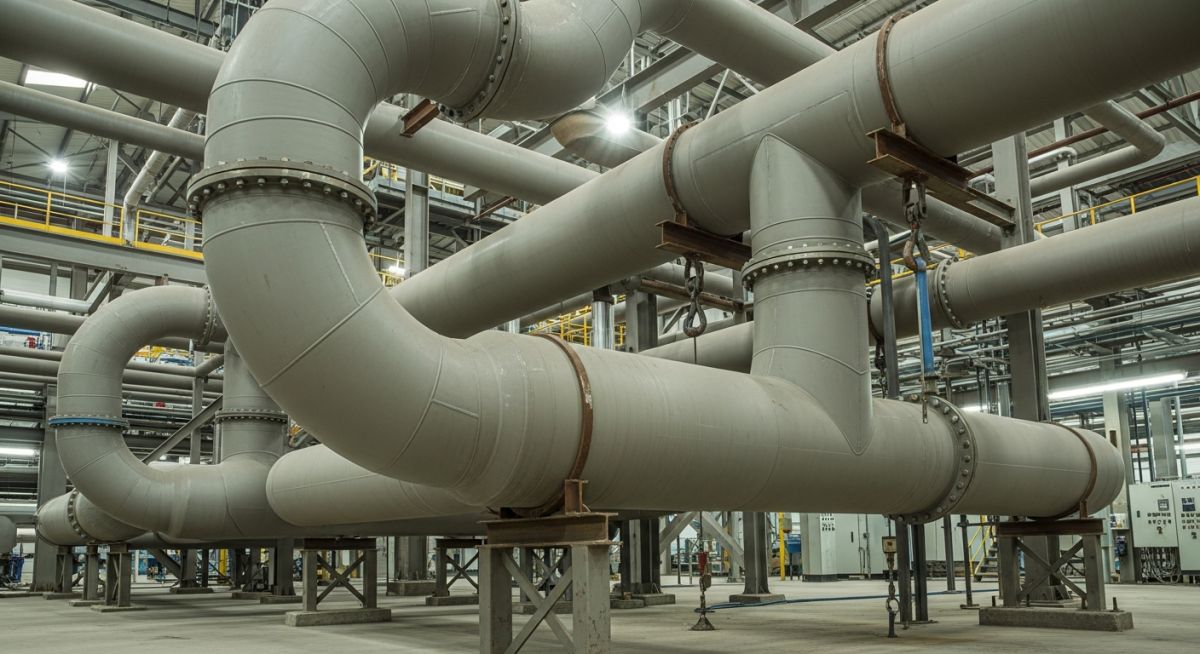 FRP Pipes installed in industrial piping system with supports