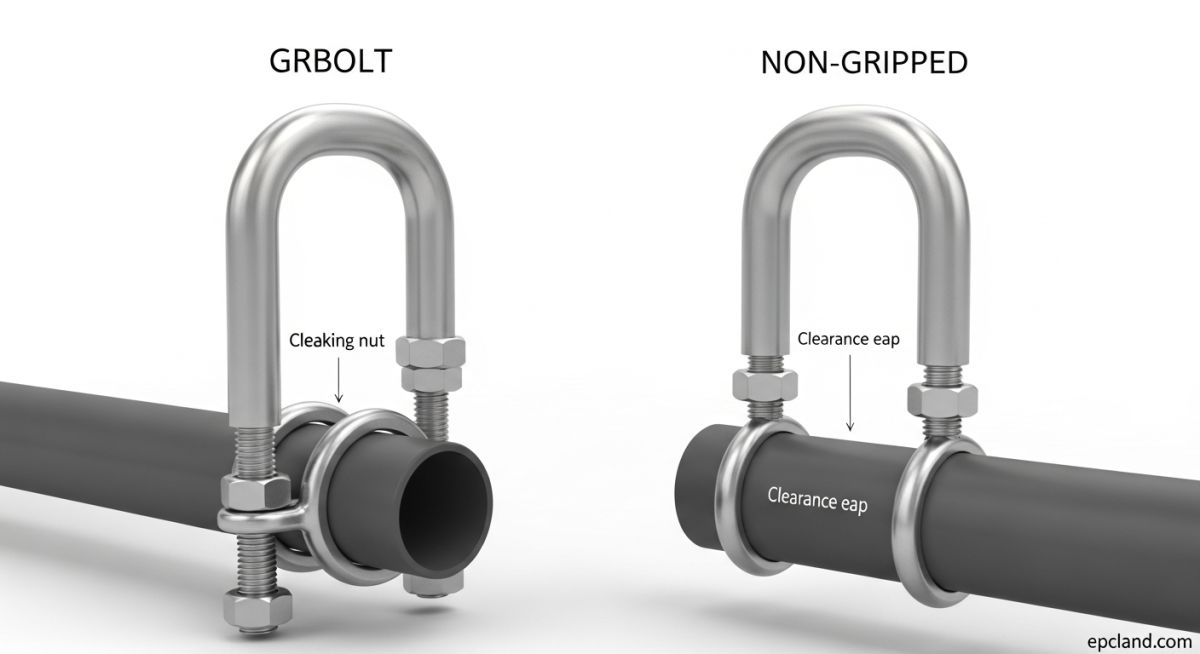 Comparison diagram of gripped and non gripped U-bolt pipe support configurations