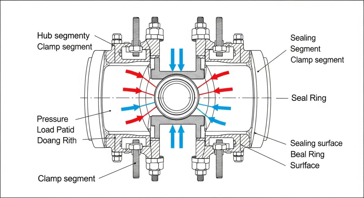 Hub connector design diagram showing clamp bolts and seal ring arrangement