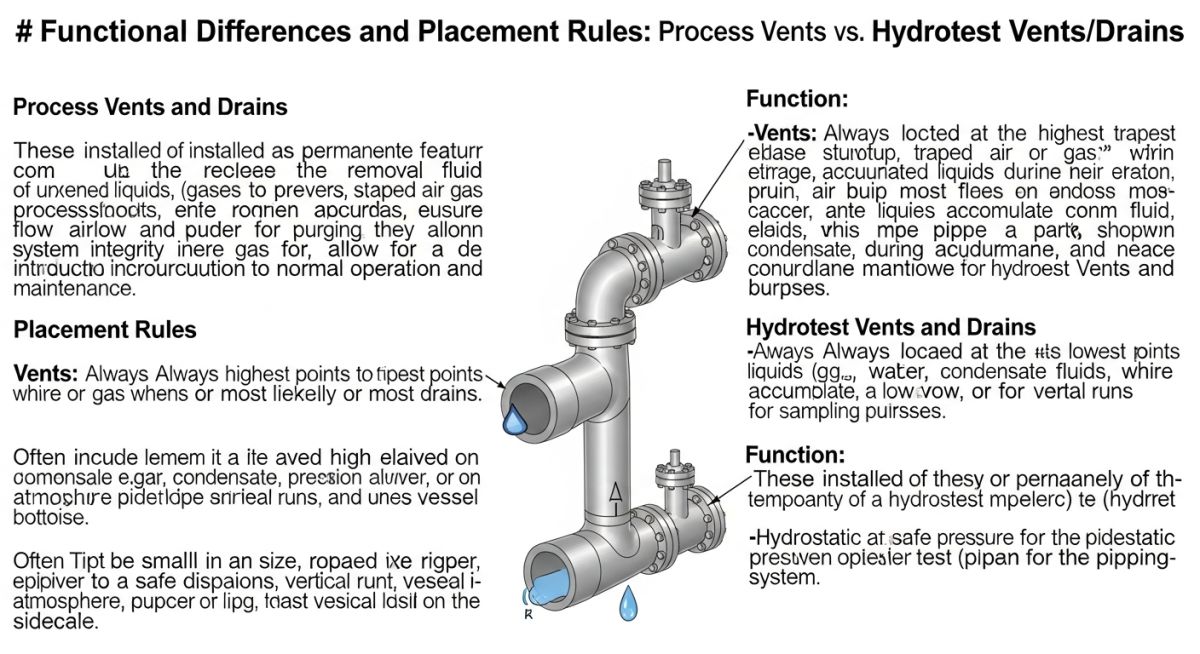 hydrostatic test vents and drains vs process piping vents drains diagram