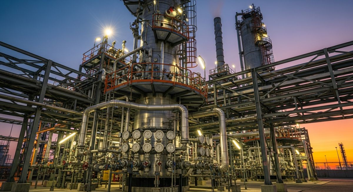 Industrial hydrotreating reactor vessel under processing conditions in a petroleum refinery