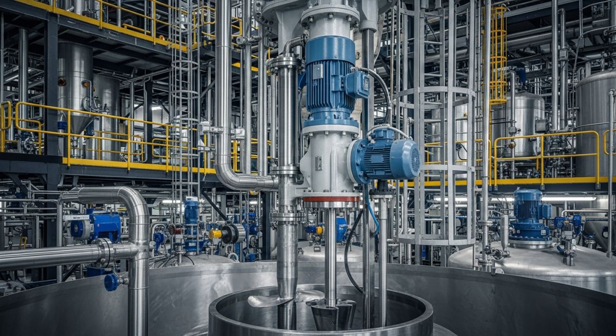Industrial agitators in mixing tank showing agitator components and types of agitators