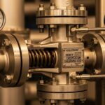 Industrial flanged pilot operated pressure reducing valve installed on steam piping header showing mechanical pressure regulation.