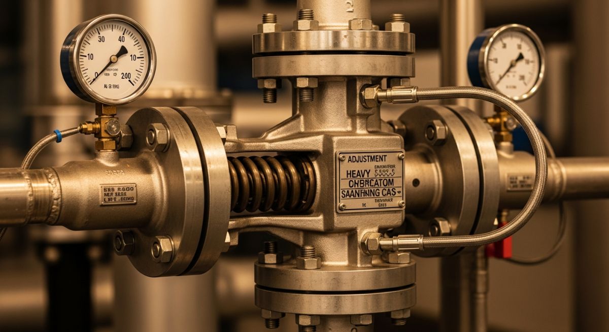 Industrial flanged pilot operated pressure reducing valve installed on steam piping header showing mechanical pressure regulation.