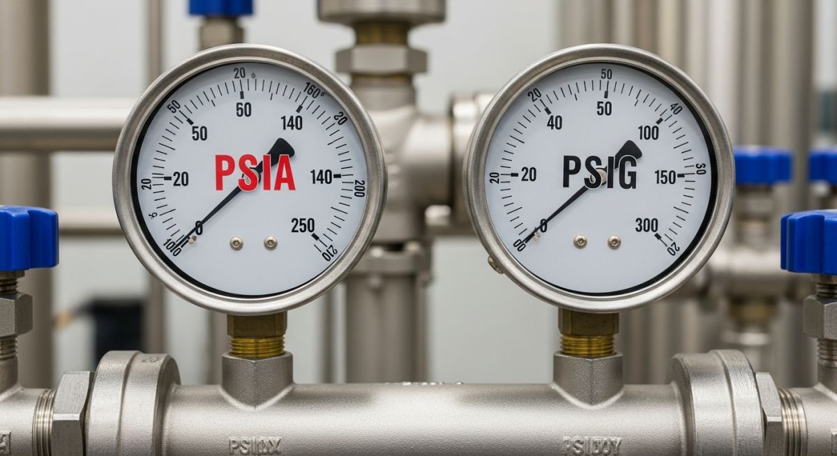 Industrial dial pressure gauges showing PSIA and PSIG markings on a process pipe manifold