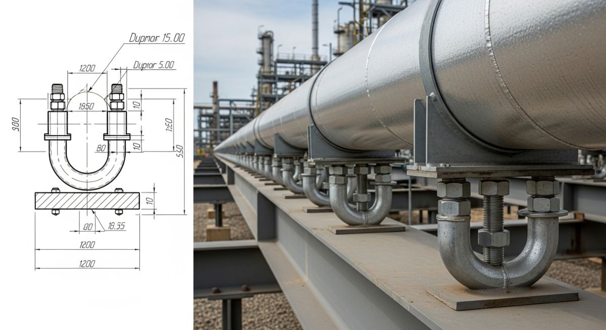 Heavy duty stainless steel U-bolt pipe support installed on an industrial piperack.