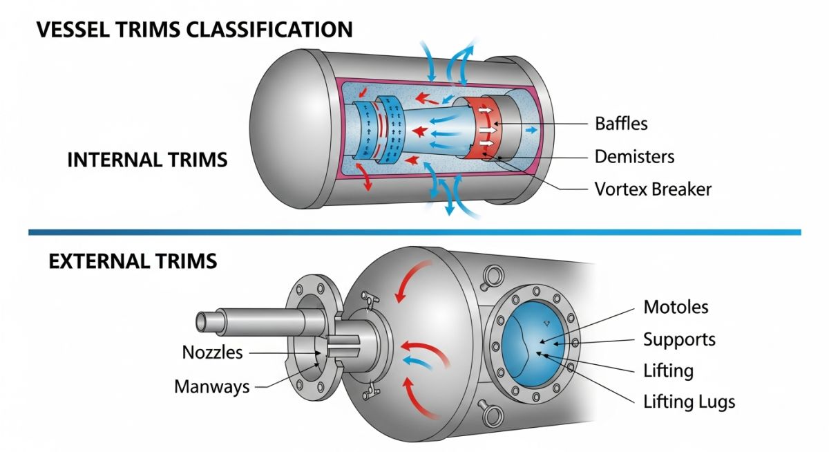 Internal and external vessel trims classification with examples in pressure vessels