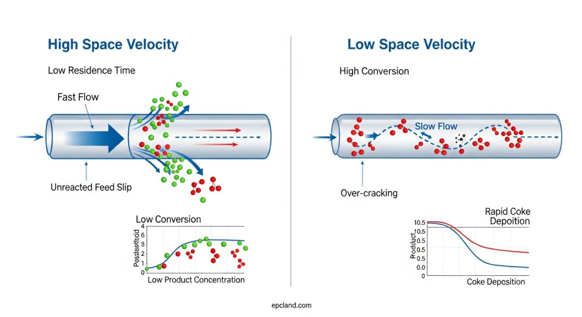 Engineering infographic comparing high and low liquid hourly space velocity effects on catalyst conversion and coking