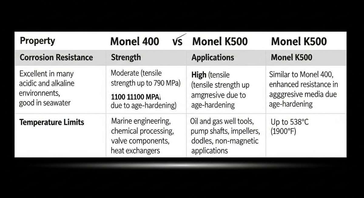 Monel alloy grades comparison chart showing properties and applications