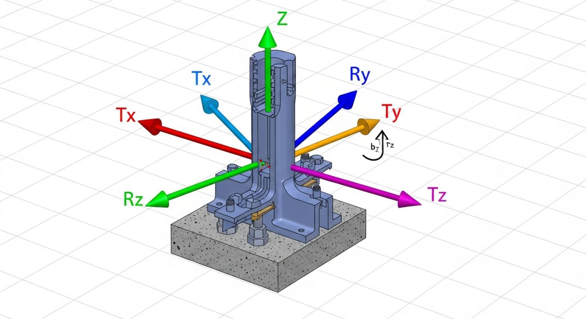 3D CAD schematic of a pipe anchor showing fixed structural constraints