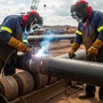 Pipeline welding process in field showing welders performing arc welding on large diameter pipes