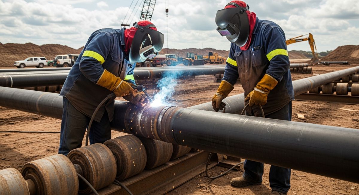 Pipeline welding process in field showing welders performing arc welding on large diameter pipes