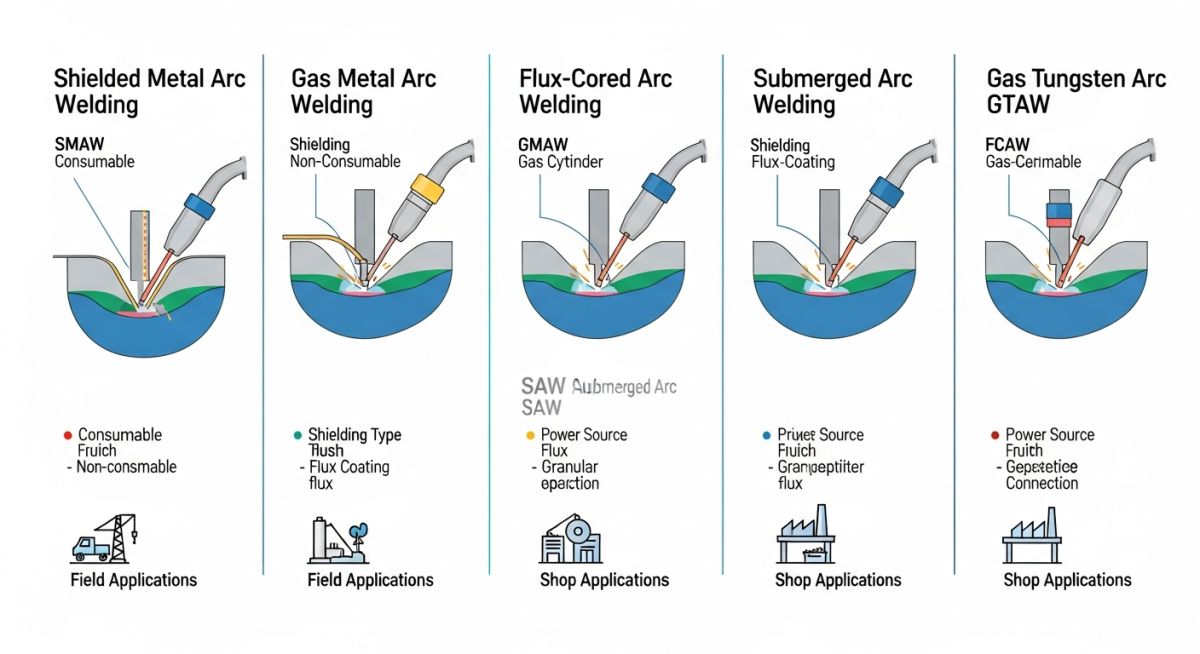 pipeline welding methods diagram showing SMAW GMAW FCAW SAW and GTAW processes comparison