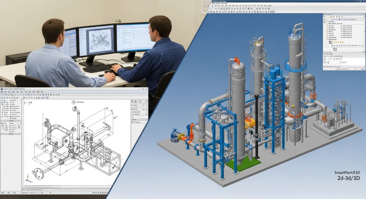 Piping design software showing 2D CAD drawings and 3D plant modeling tools